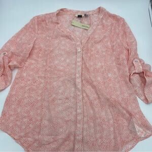 Misoka x A Pea in the Pod | Coral & White Spotted Semi-Sheer Button-Up Blouse